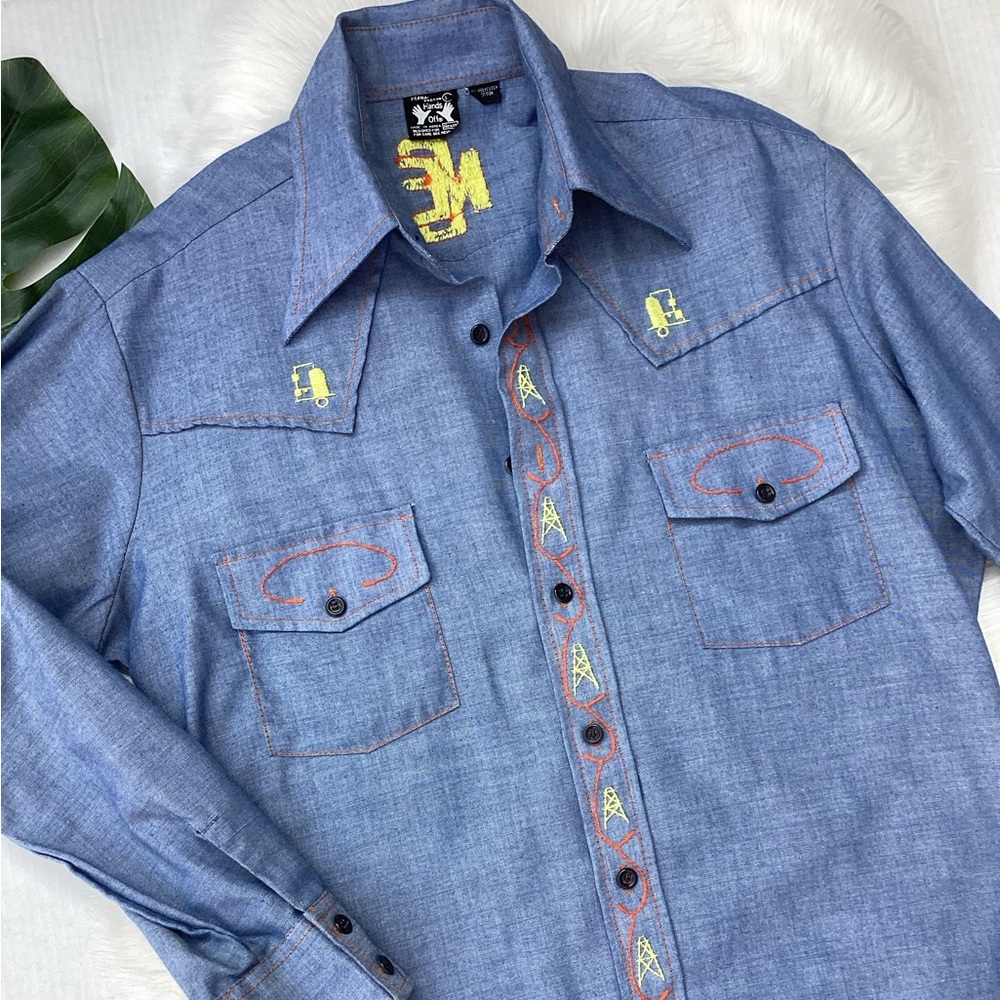 RARE Vintage 1970s Landman Oil Rig Embroidered Western Shirt Texas Oilcore L
